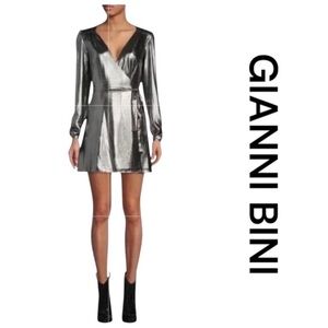 GIANNI BINI Noa Lame Silver Metallic Long Sleeve Wrap Mini Dress, Size S.
